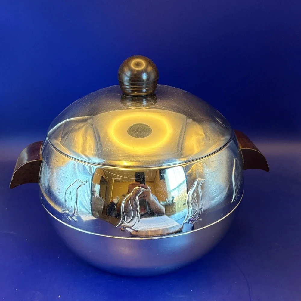 Vintage West Bend Penguin Insulated Ice Bucket, Hot/Cold, w/Wood Handles 1950’s